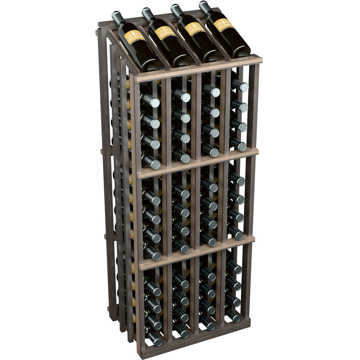 Wine bottle display rack with dark wood frame and 52 bottle holders, front view.