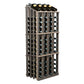 Wine bottle display rack with dark wood frame and 52 bottle holders, three-quarter view.
