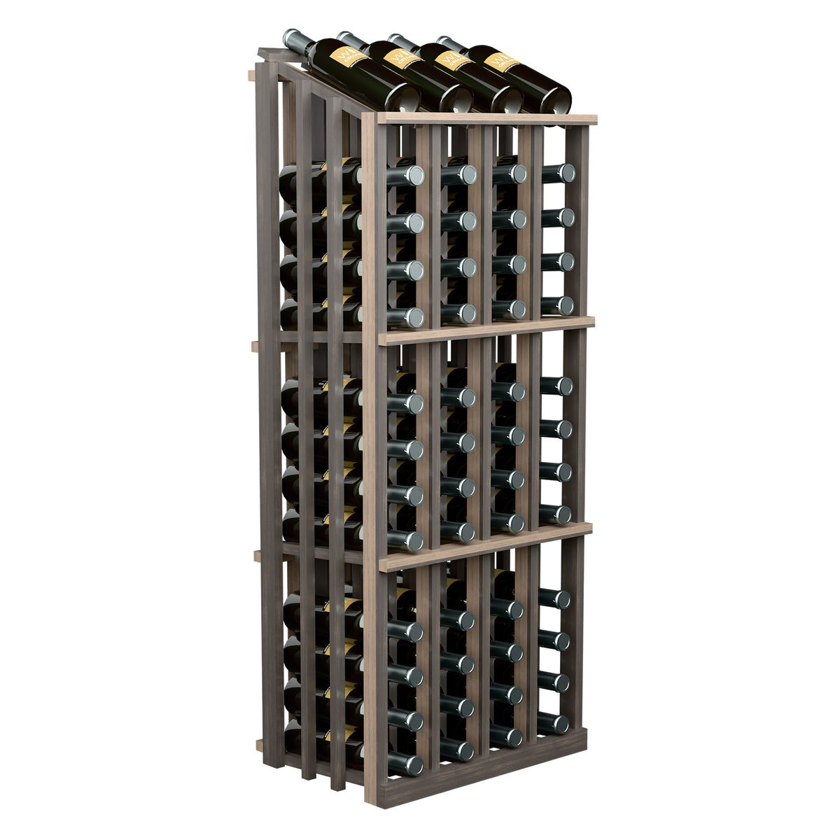 Wine bottle display rack with dark wood frame and 52 bottle holders, three-quarter view.