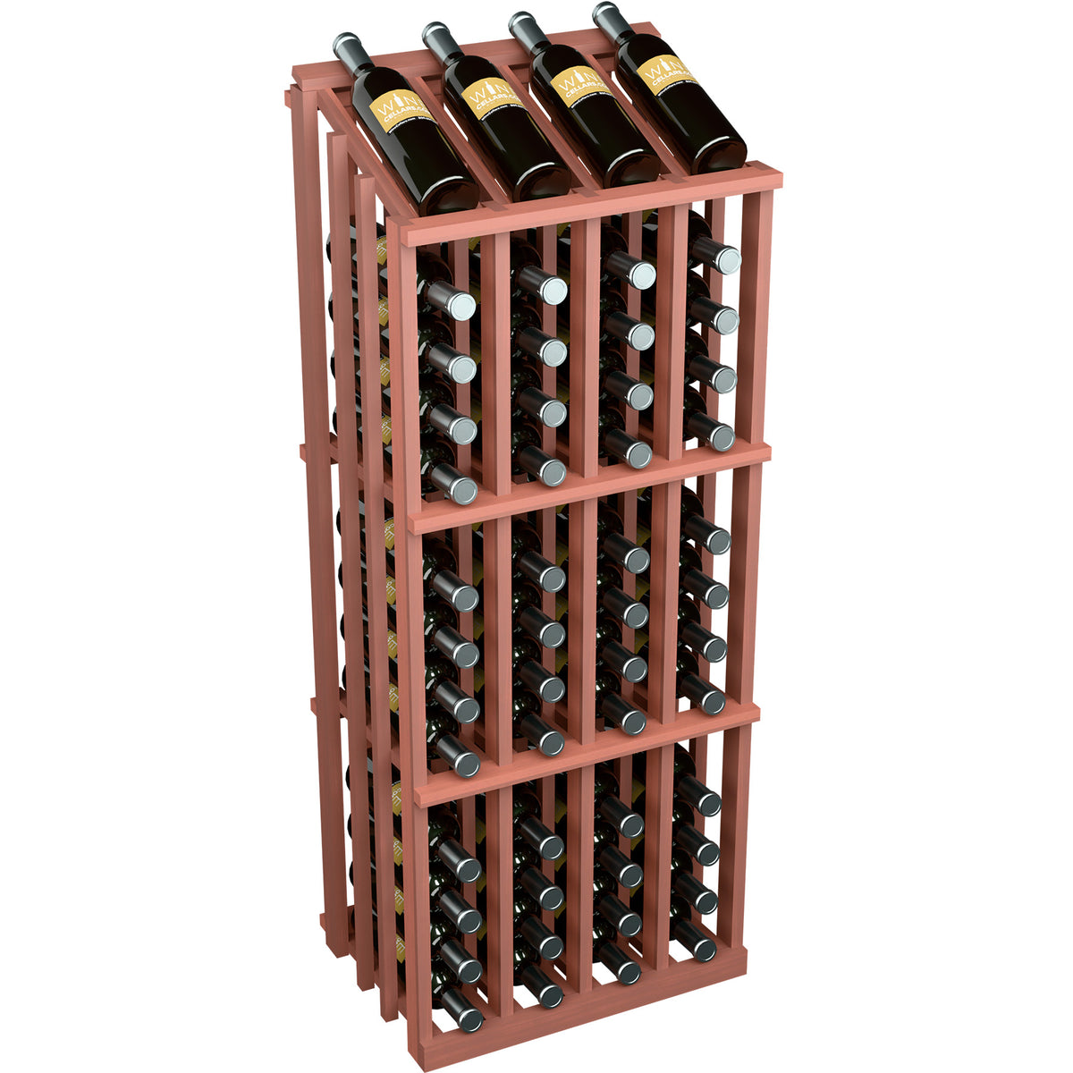 Wood wine bottle display rack with 52 slots, red-brown frame and front circular bottle holders.