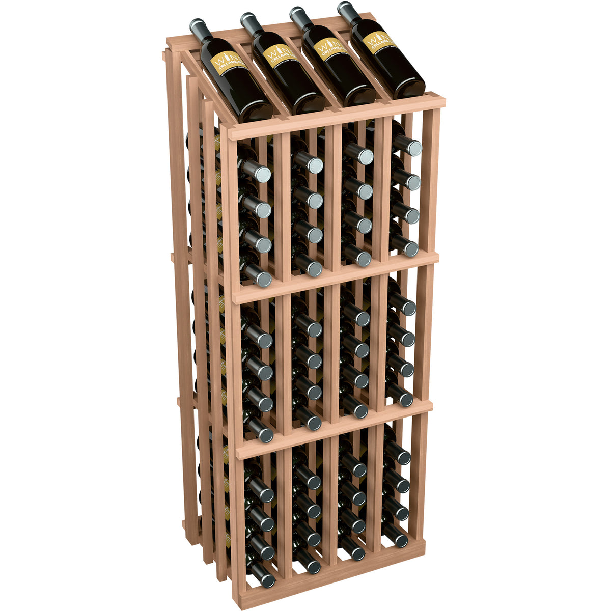 Light wood wine bottle rack with front grid and circular bottle holders, holding bottles