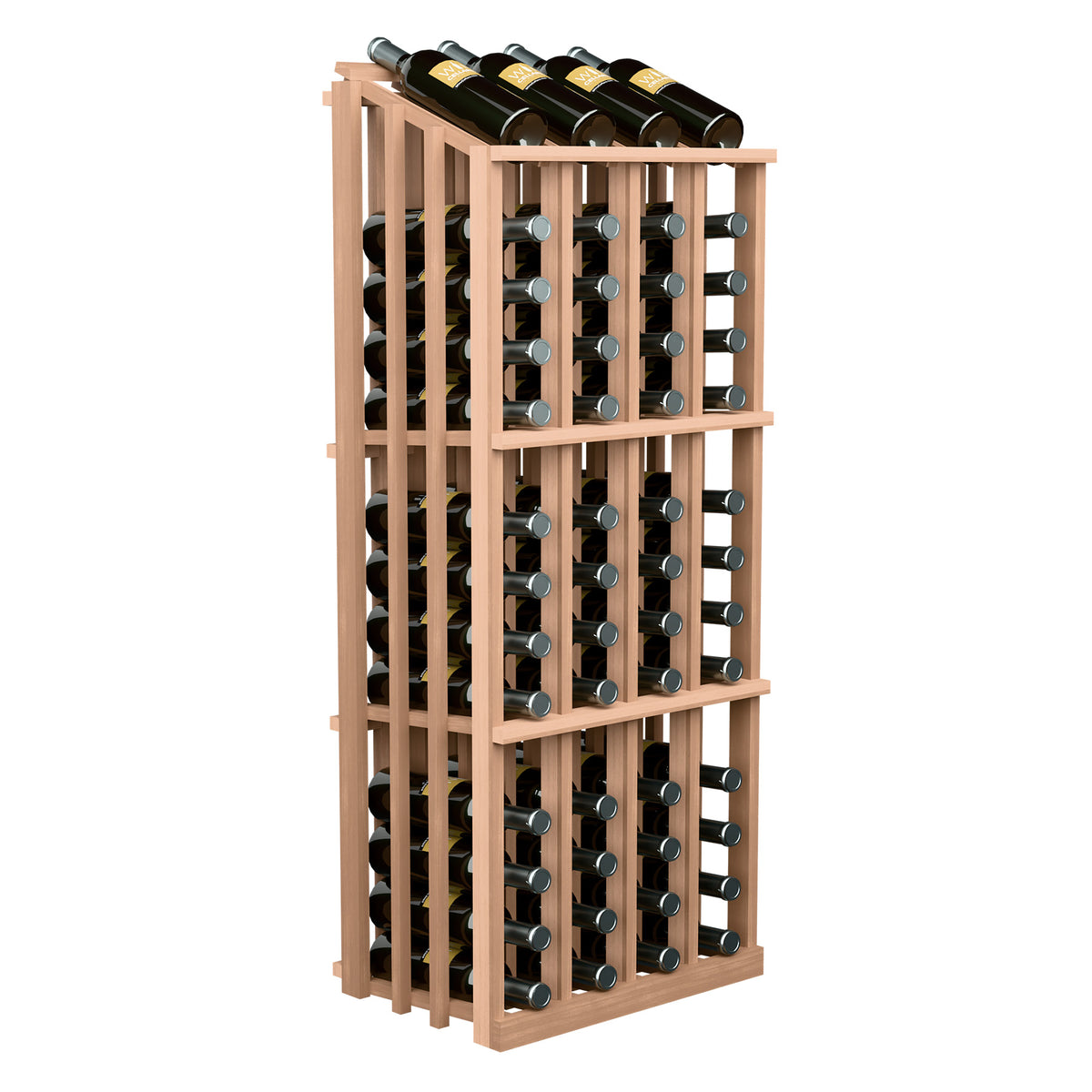 52-bottle wine display rack with circular bottle holders, light wood frame, bottles on top