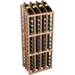 Wine bottle display rack with light wood frame and 52 bottle holders, front view.