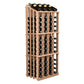 Wine bottle display rack with light wood frame and 52 bottle holders, three-quarter view.