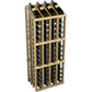 Wine bottle display rack with dark bottles in a light wood frame and side slat supports.