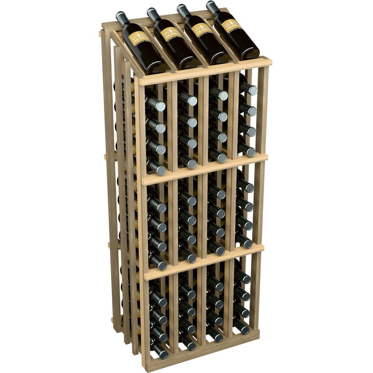 Wine bottle display rack with dark bottles in a light wood frame and side slat supports.