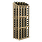 Light wood wine bottle display rack with 52 slots, clear bottle holders on front panel.