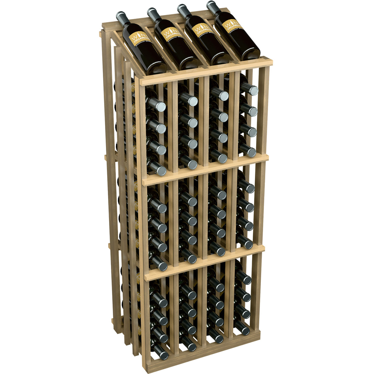 Wine bottle display rack with pale wood frame and 52 bottle holders, front angle view.