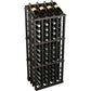 Wine bottle display rack with dark wood frame and 52 bottle holders, angled front view.