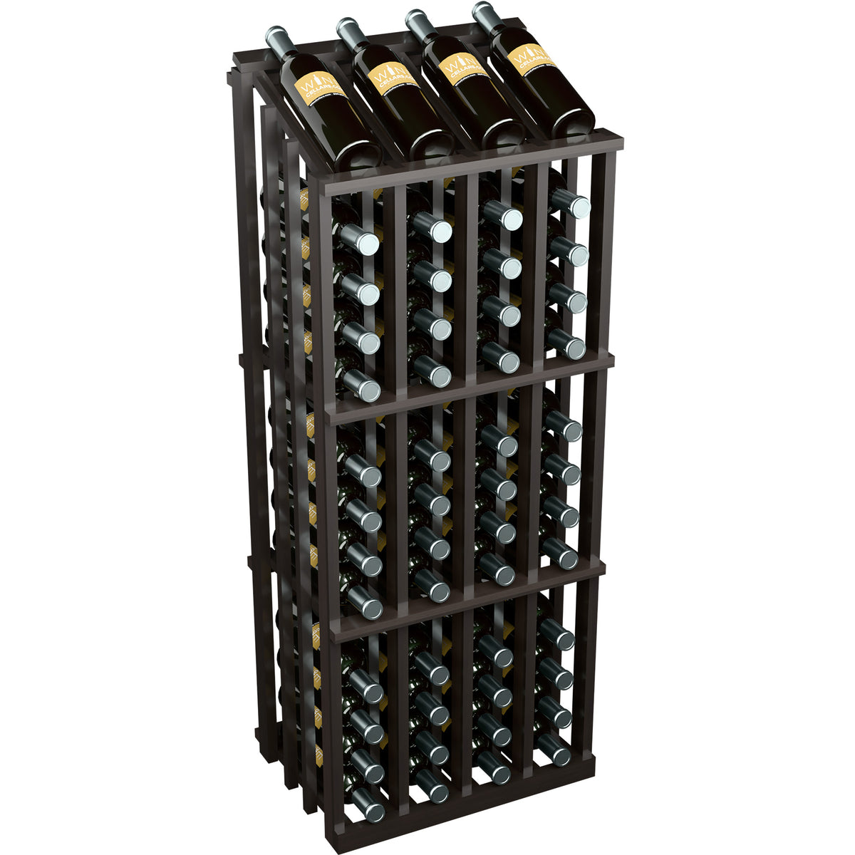 Wine bottle display rack with dark wood frame and 52 bottle holders, angled front view.