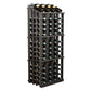 Wine bottle display rack with dark wood frame and 52 bottle holders, side perspective.