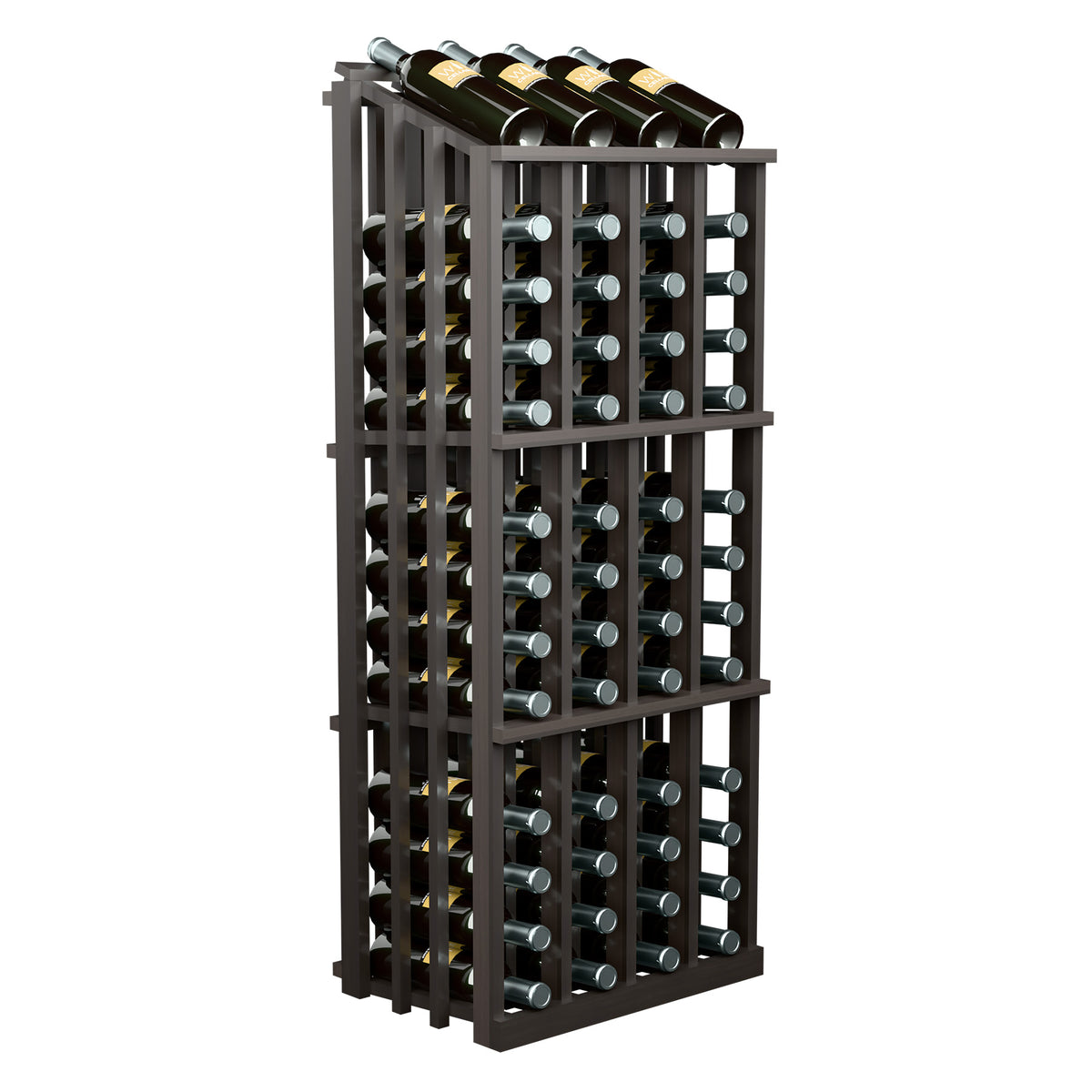 Wine bottle display rack with dark wood frame and 52 bottle holders, side perspective.