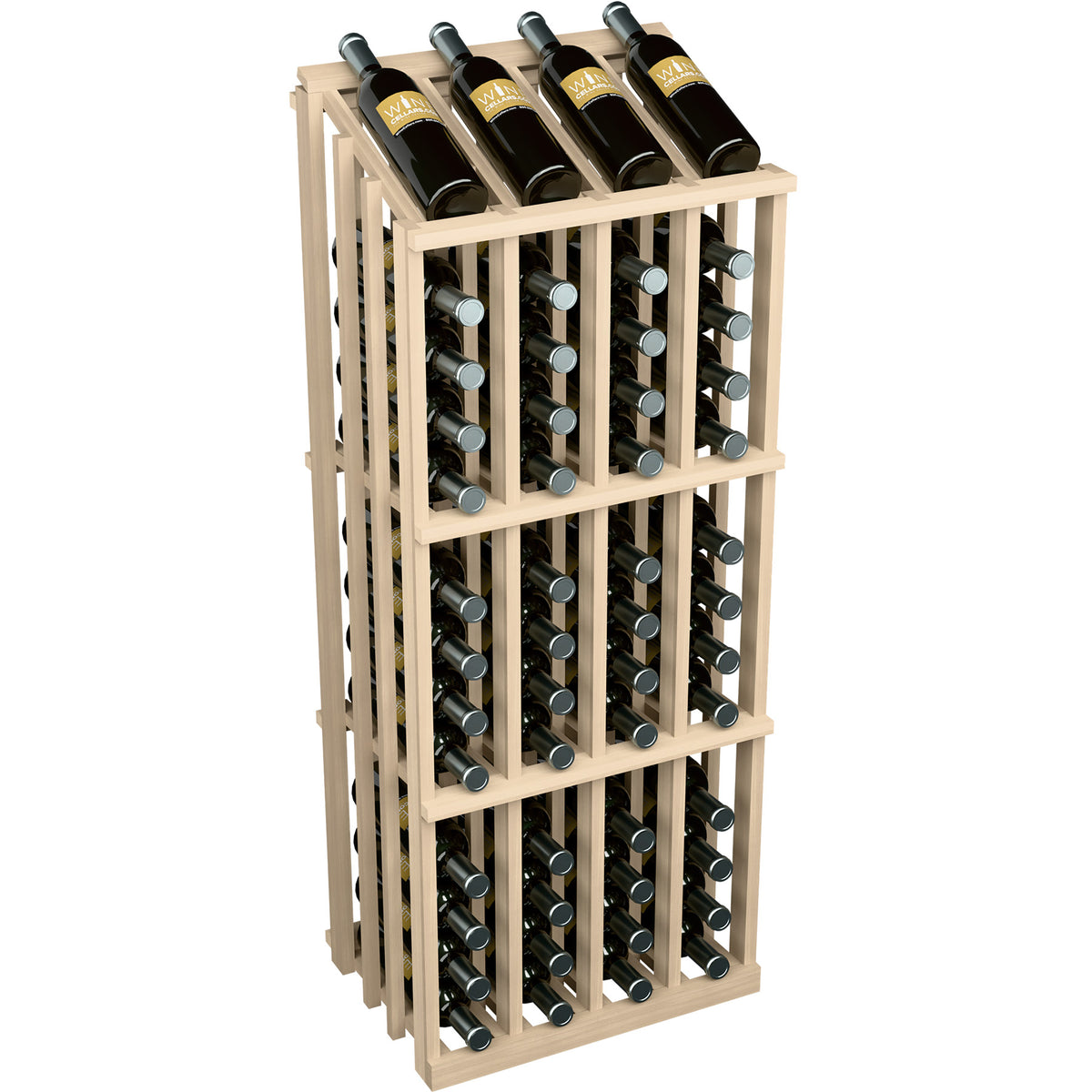 Light wood wine bottle rack with open side slats and circular holders, bottles displayed
