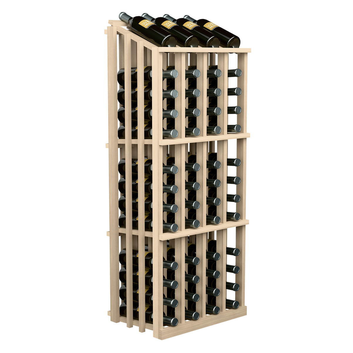 Light wood wine bottle display rack with glass holders and bottles on top