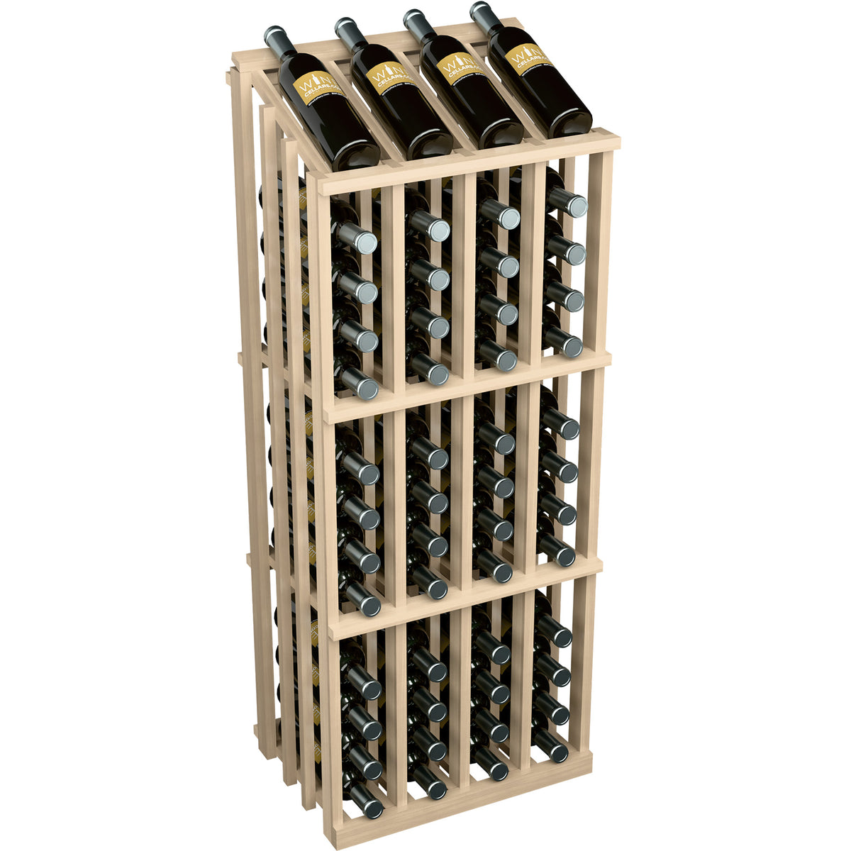 White wood wine bottle display rack with 52 bottle slots and long side slats holding dark bottles.