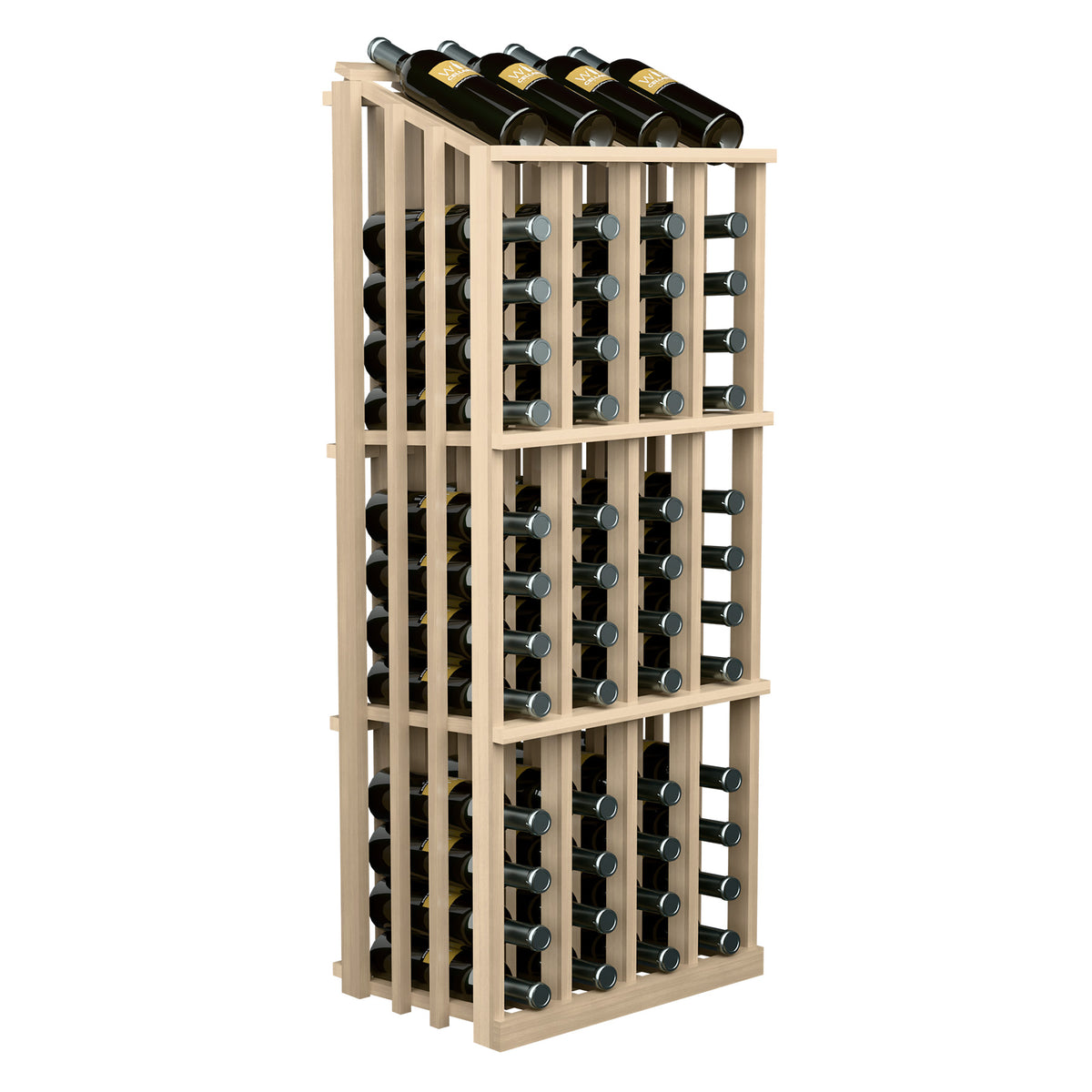 Light wood wine bottle display rack with 52 bottle slots and bottle holders, front view.