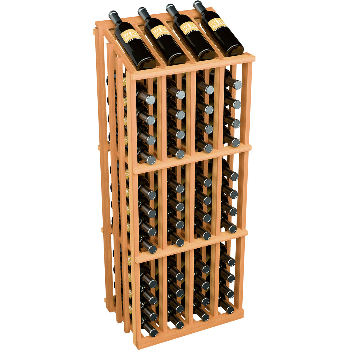 Wine bottle display rack with dark bottles in a light wood frame and circular metal holders.