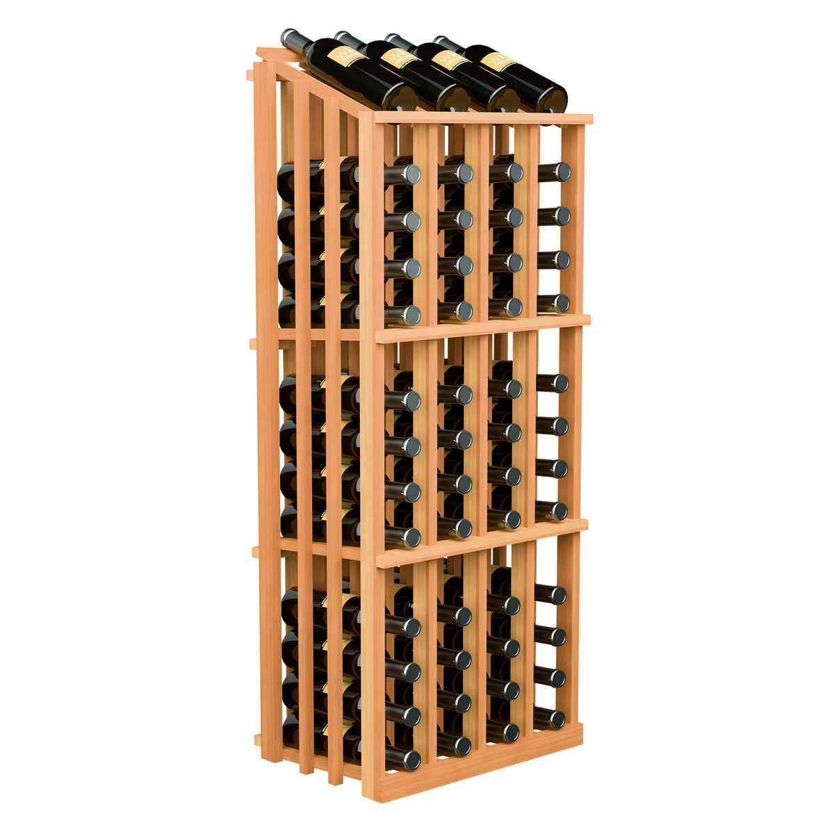 52-bottle wine display rack with circular bottle holders, light wood frame, angled view