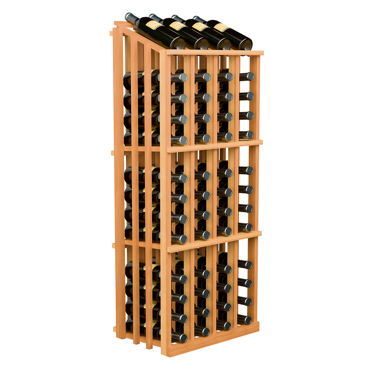 Orange-toned wood wine bottle display rack with 52 bottle slots and front bottle rows.