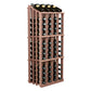 Wood wine bottle display rack with 52 slots, dark brown frame and round bottle holders.