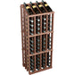 Dark reddish wood wine bottle display rack with 52 bottle slots and long side slats.