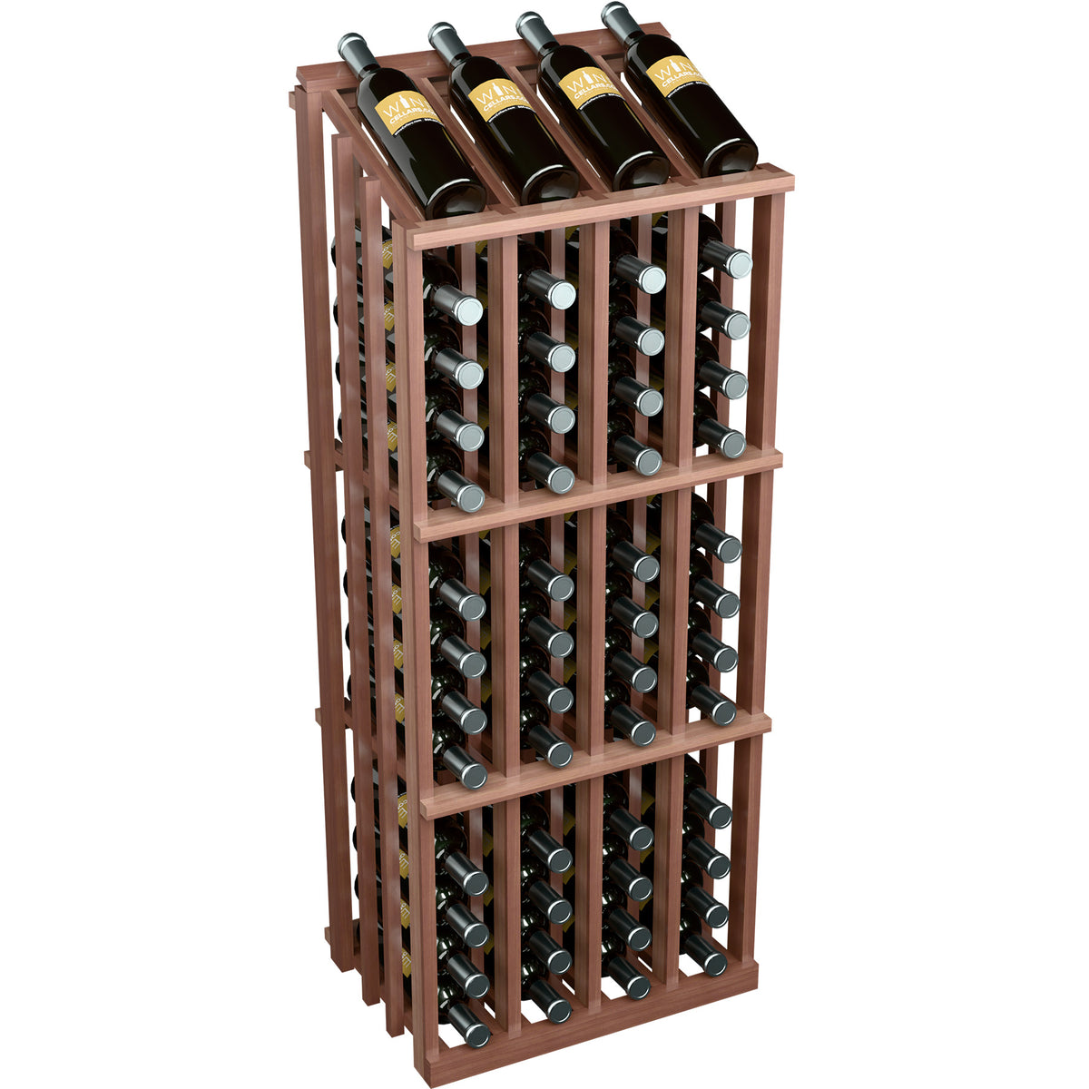 Dark reddish wood wine bottle display rack with 52 bottle slots and long side slats.