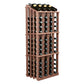 Reddish-brown wood wine bottle display rack with 52 bottle slots and bottle holders.