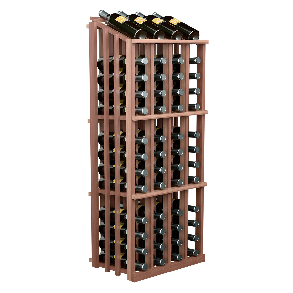 Reddish-brown wood wine bottle display rack with 52 bottle slots and bottle holders.