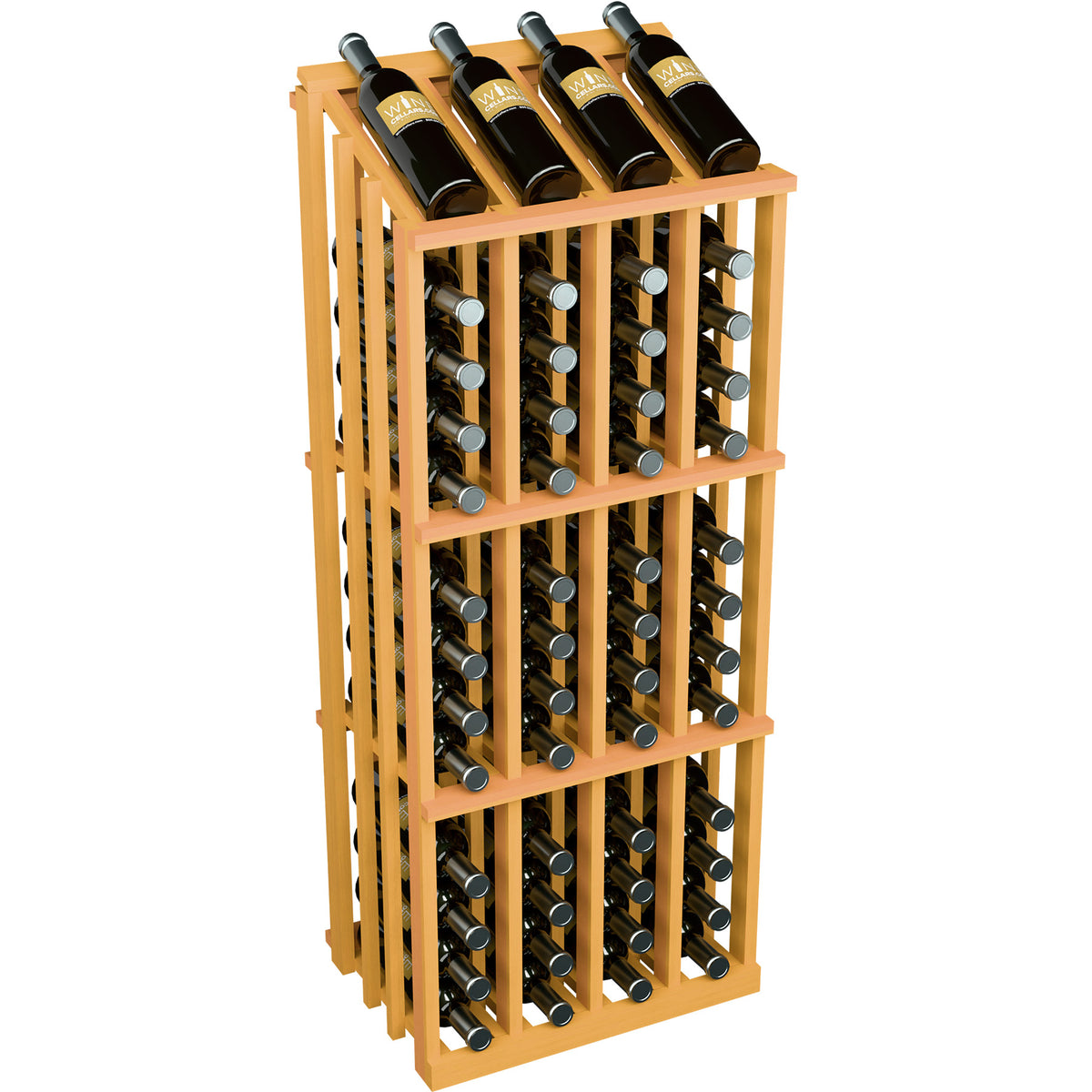 Wine bottle display rack with dark bottles in a yellow wood frame and circular metal bottle holders.