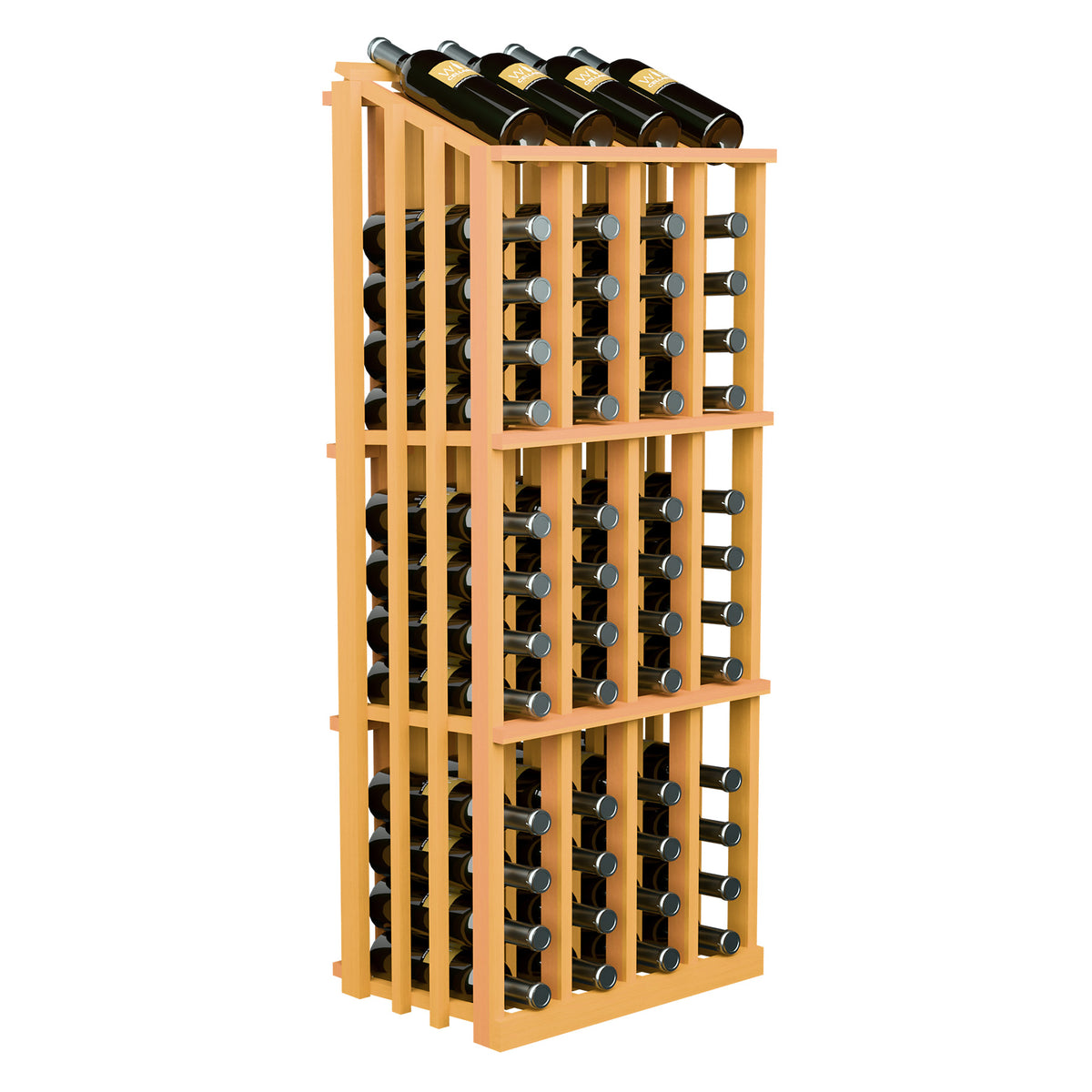 Pale wood wine bottle display rack with 52 slots, front bottle holder circles and top bottles.