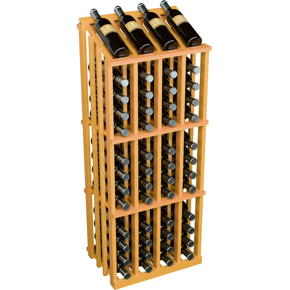 Light orange wood wine bottle display rack with 52 bottle slots and top row of bottles.
