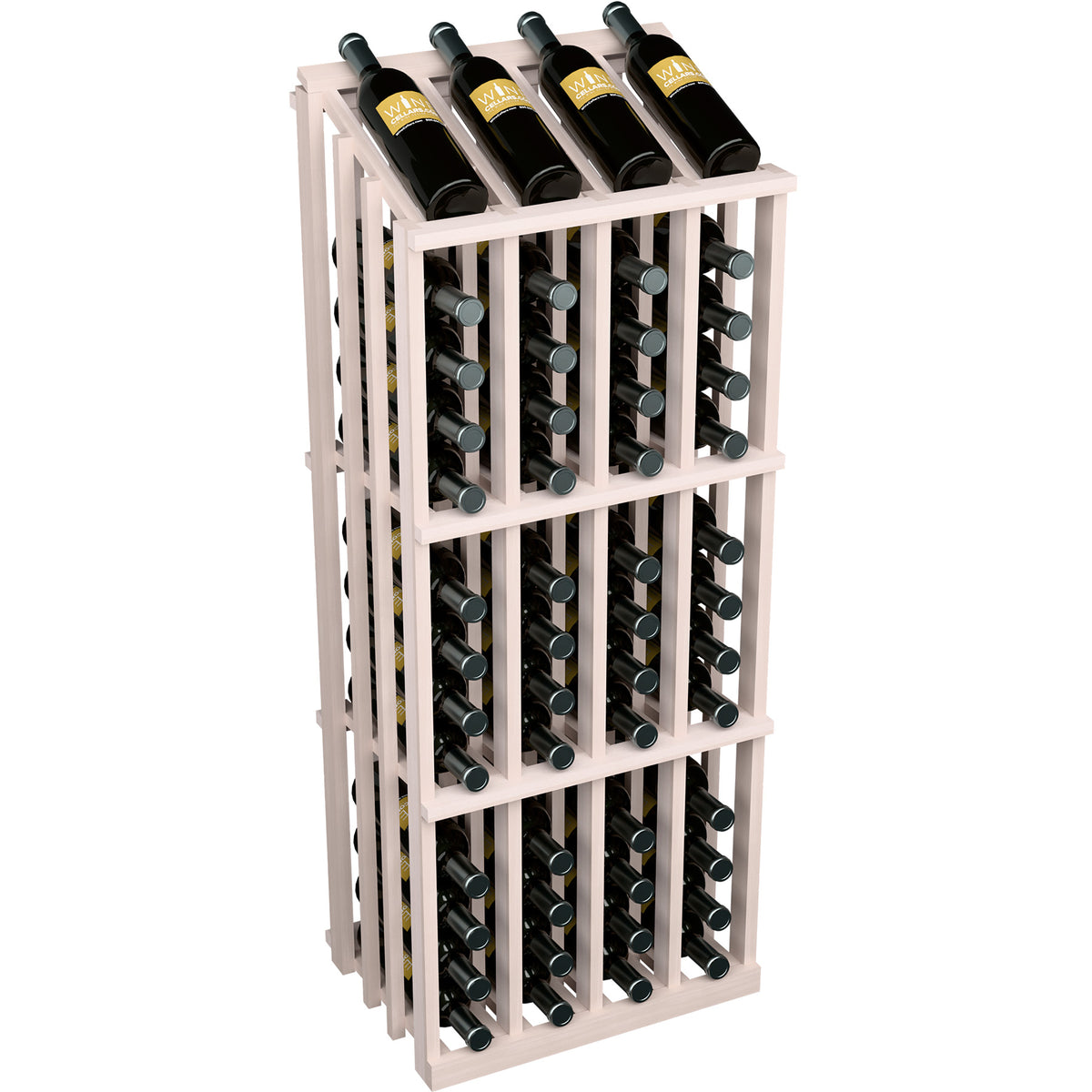 White wine bottle display rack showing rows of dark bottles in a grid