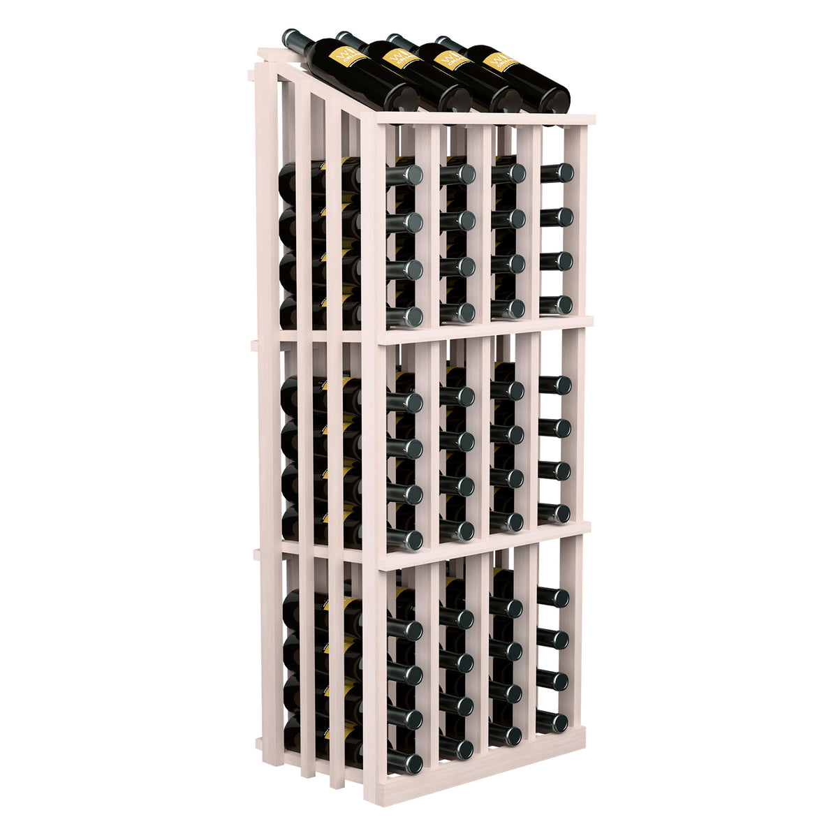 Wood wine bottle display rack with 52 bottle compartments, light frame and top row