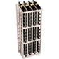 White wood wine bottle display rack with 52 bottle slots and front corner view holding dark bottles.