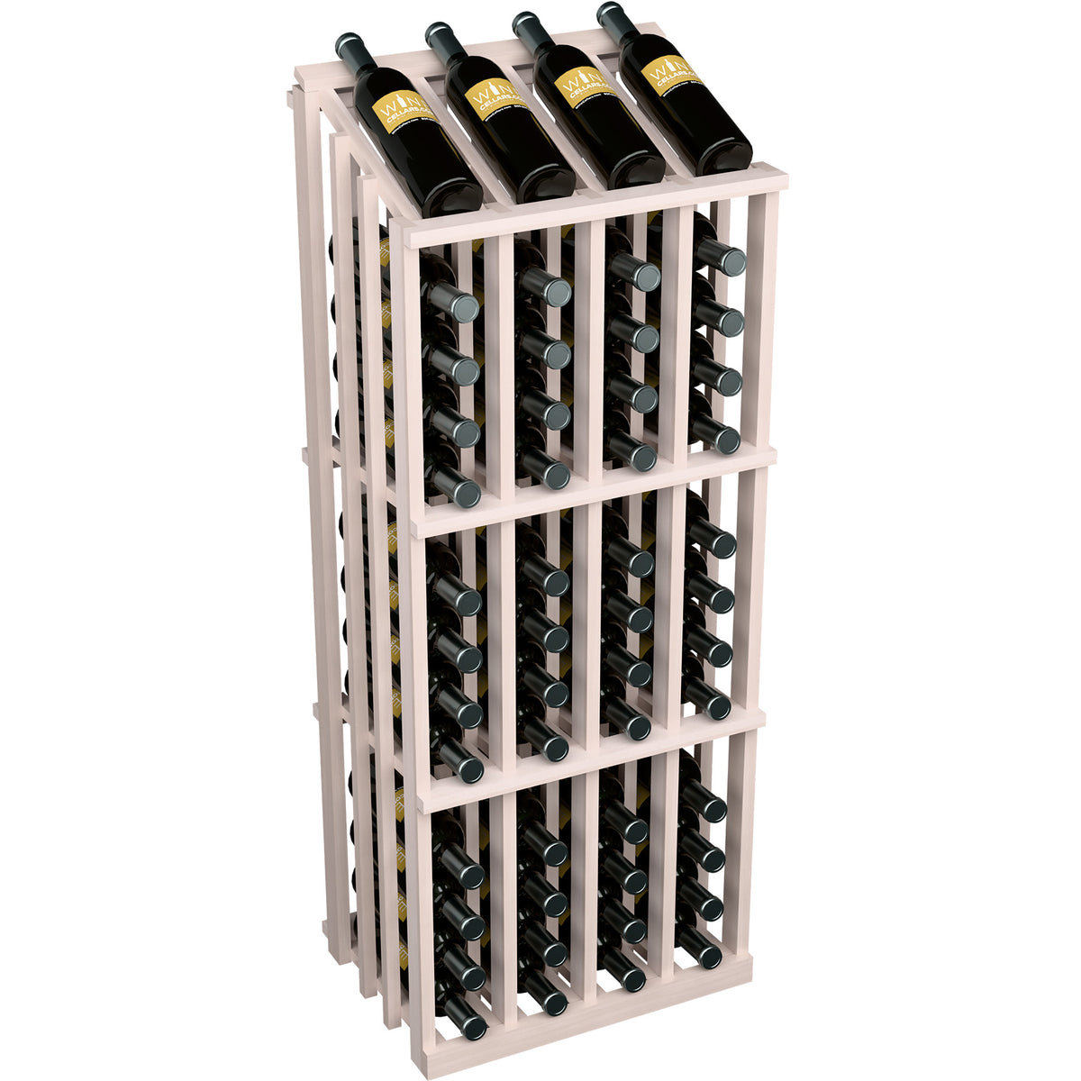 White wood wine bottle display rack with 52 bottle slots and front corner view holding dark bottles.