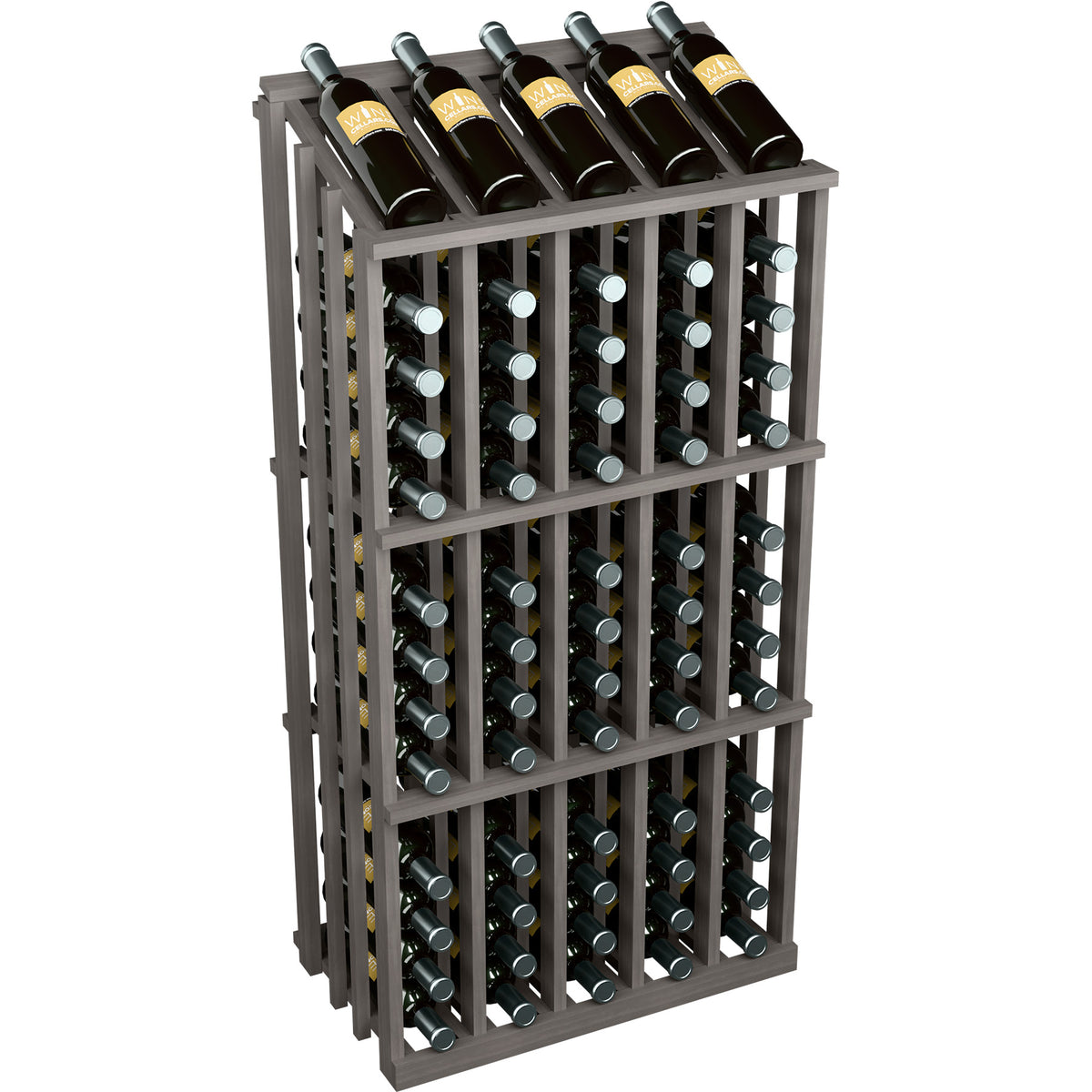 Wine bottle display rack with dark frame and wine bottles stored upright in front-facing slots