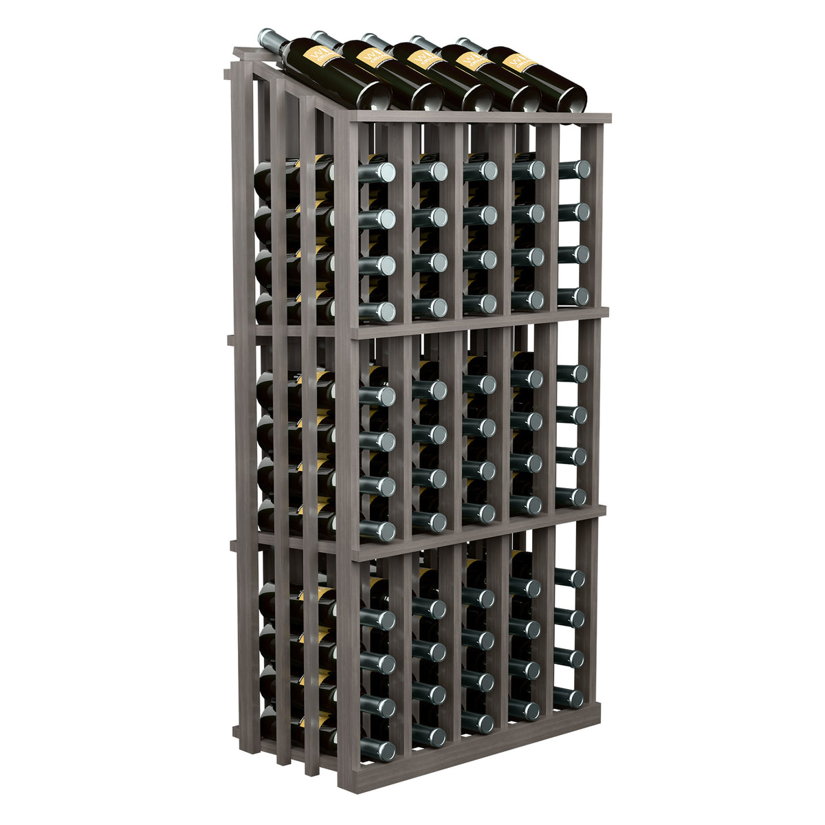 Gray 65-bottle wine rack display with front grid of circular bottle openings