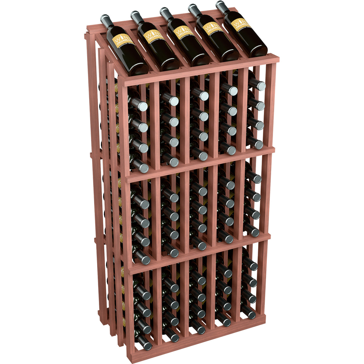 65-bottle wood wine rack with red-brown frame and bottle slots, angled view.