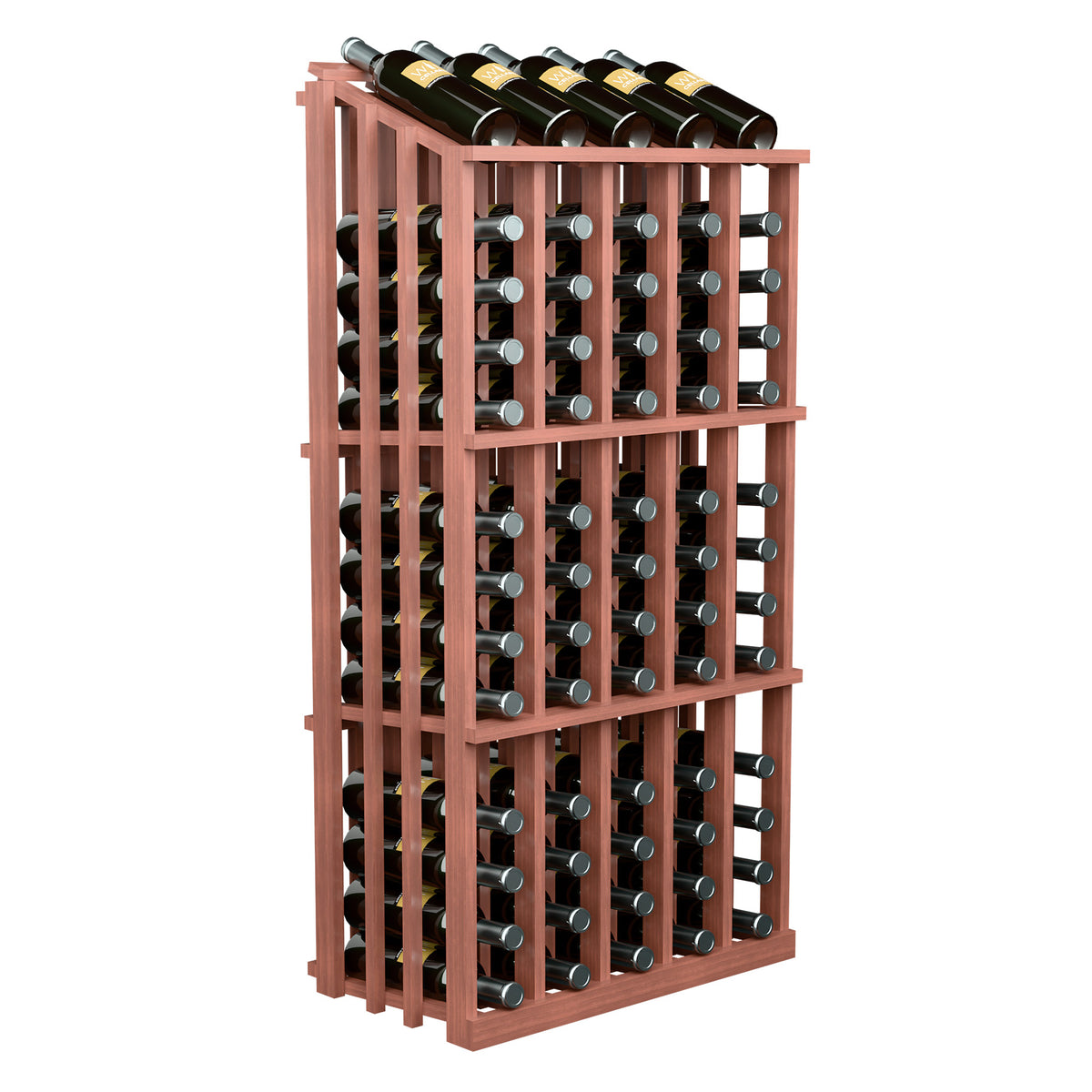 Cherry-red 65-bottle wine rack display with front grid and bottle neck slots