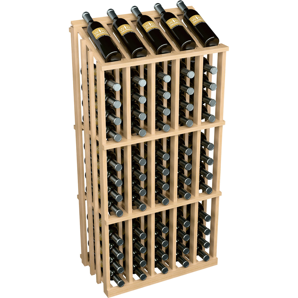 Light pine 65-bottle wine rack display with open grid and top-row bottles