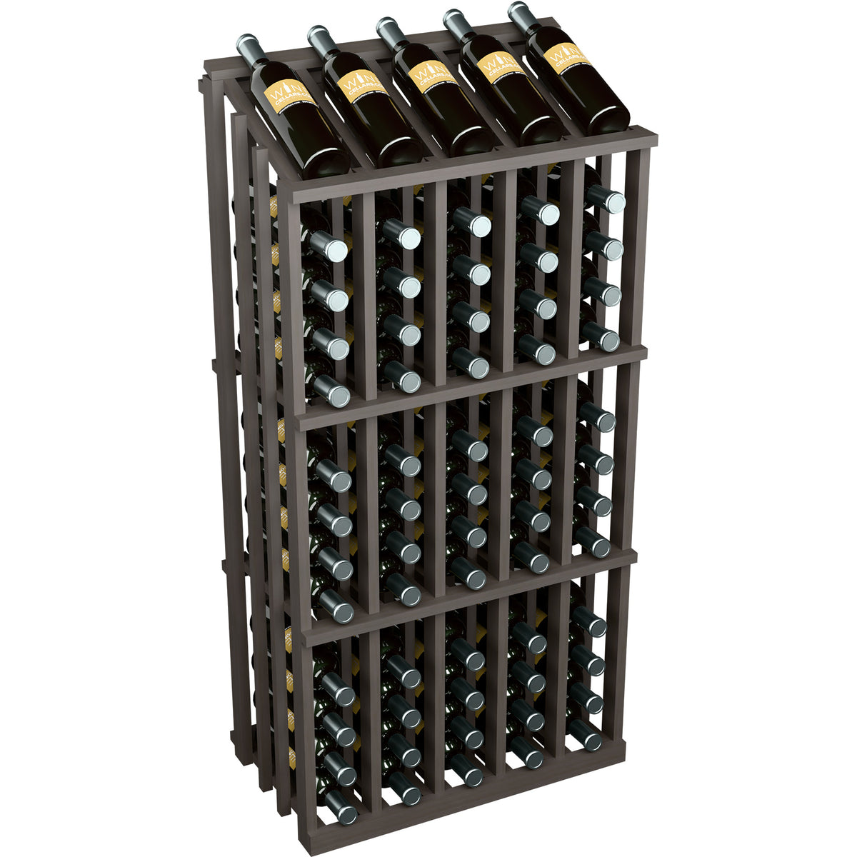 Wine bottle display rack with dark frame and multiple bottle rows in grid slots