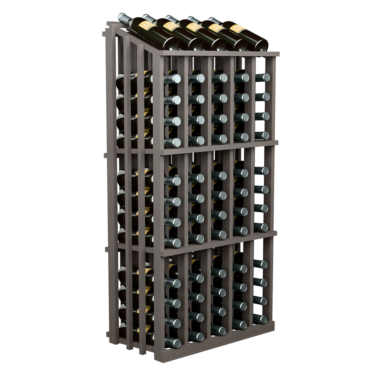 Dark gray wine bottle display rack showing front rows of bottle slots
