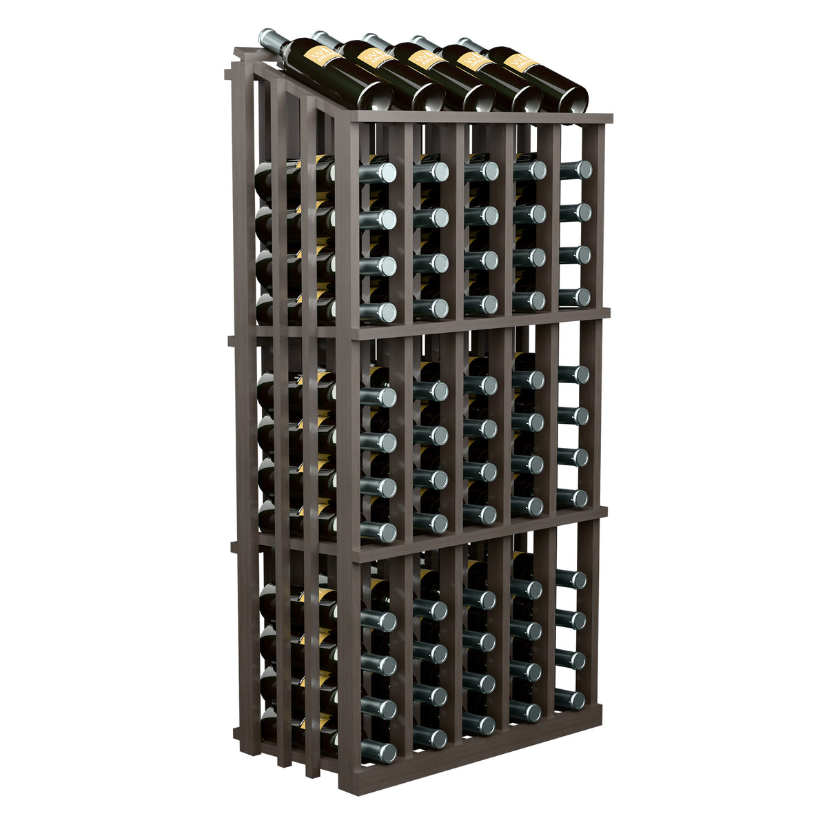Dark wood wine bottle display rack with bottle slots, front view and 65 bottles