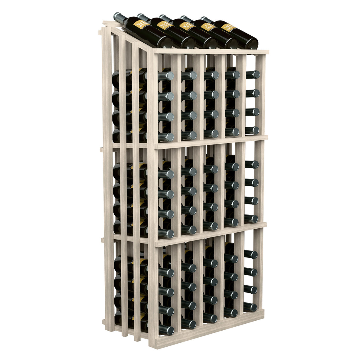 Single-sided wine bottle display rack with 65 slots, light wood frame and bottle holders