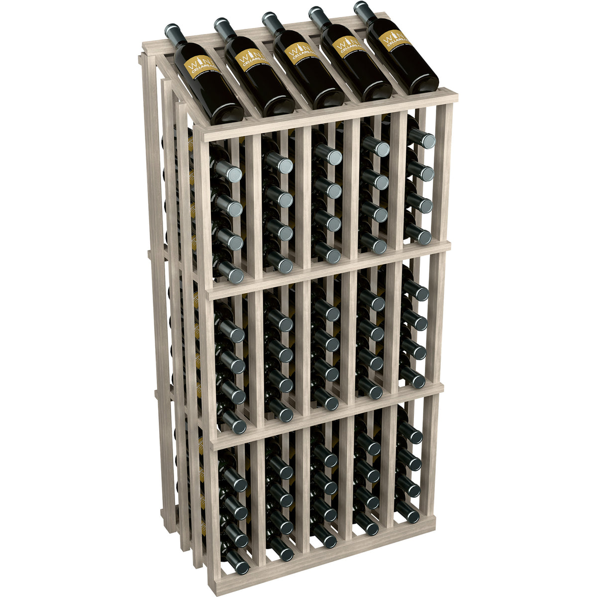 Light wood wine bottle display rack with bottle slots, angled view and 65 bottles