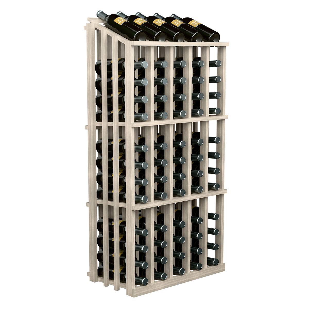 Light wood wine bottle display rack with bottle slots, front view and 65 bottles