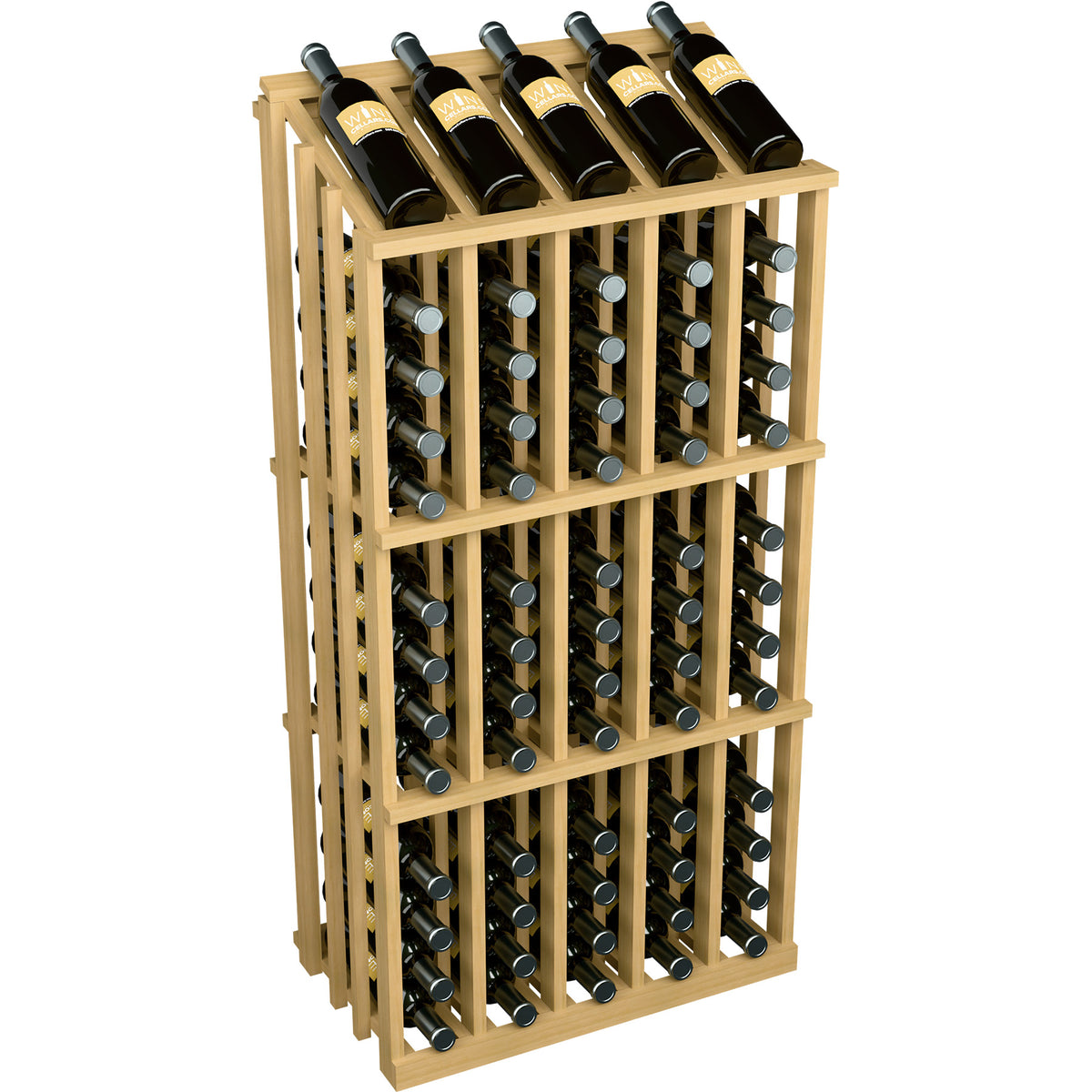 Natural wood wine bottle display rack holding 65 bottles, three-quarter front view with bottle slots.
