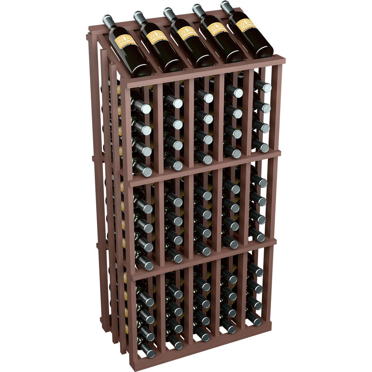 65-bottle wine display rack with dark brown wood frame and metal bottle holders