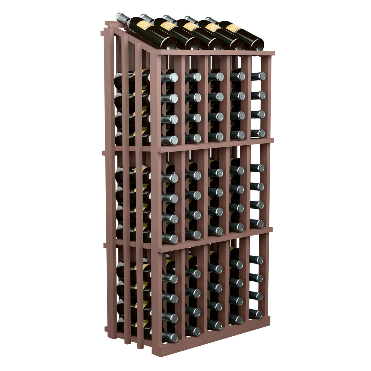 Wine bottle display rack with reddish-brown frame and vertical wine bottle storage grid