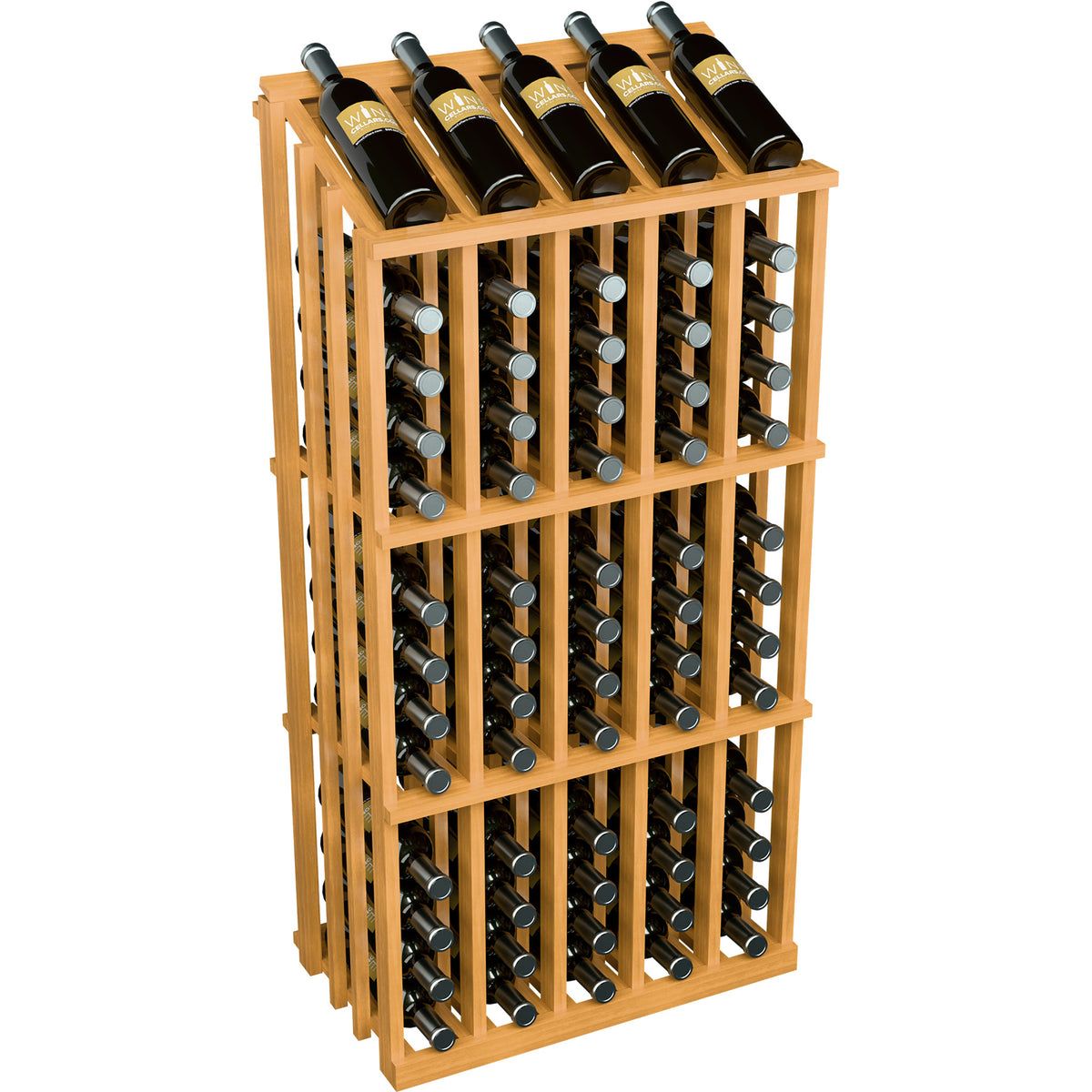 Light wooden wine bottle rack with 65 bottle slots and bottles on the top row